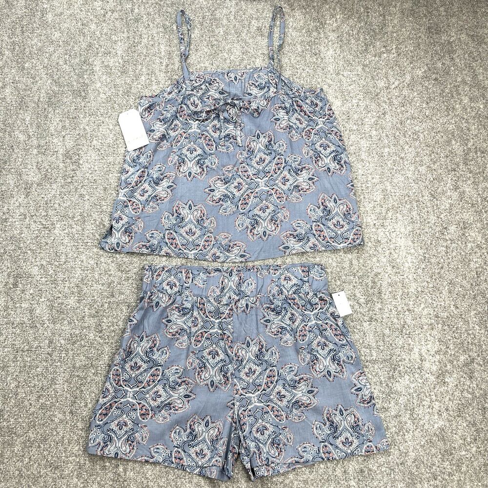 Wonderly Summer Shorty Pajamas Set Womens Medium Blue Paisley Pockets NEW W Tags